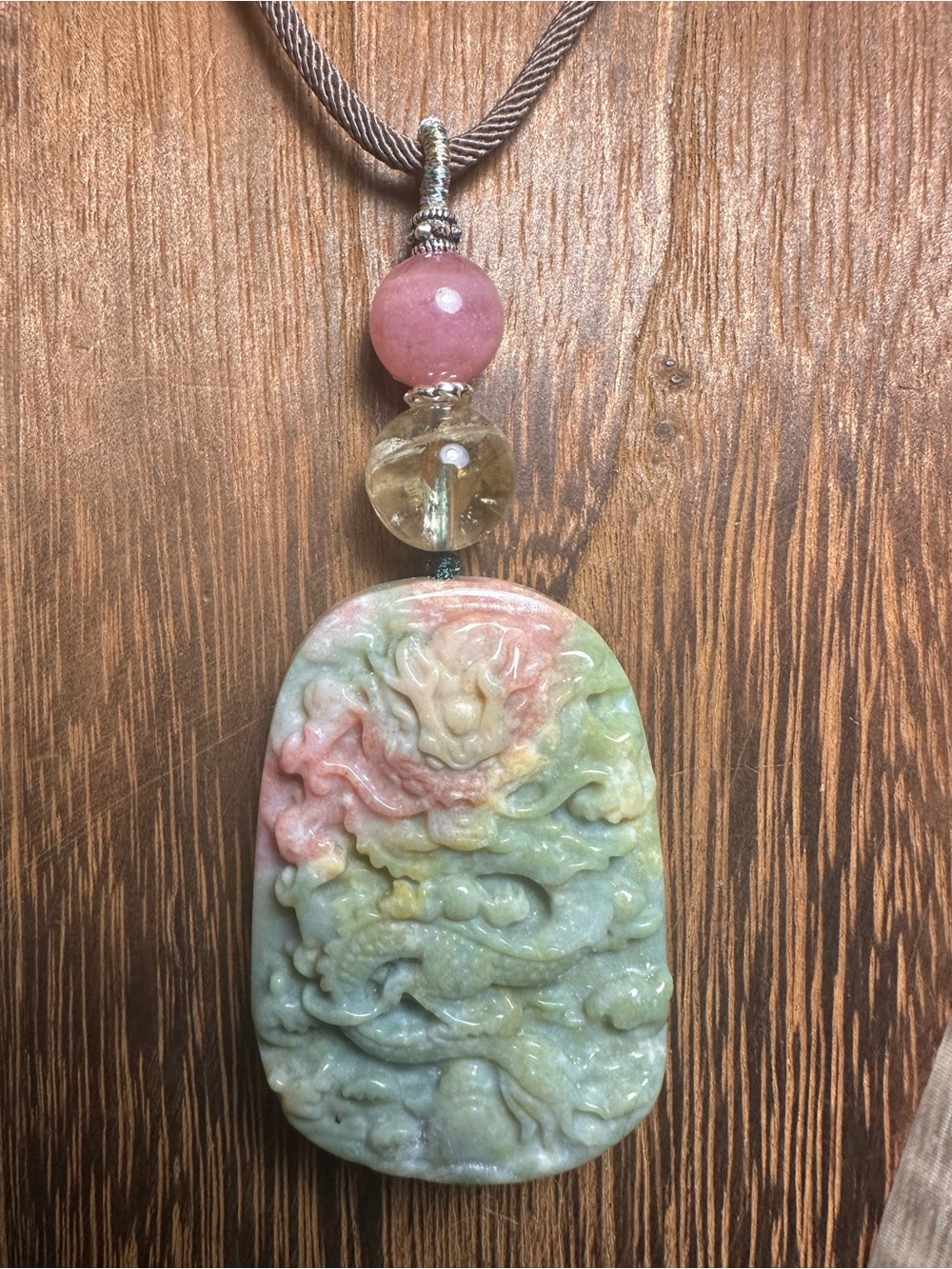 Ocean Jasper Dragon Pendant Necklace with Citrine and Rose Quartz on Brown Rope - Picture 13 of 16